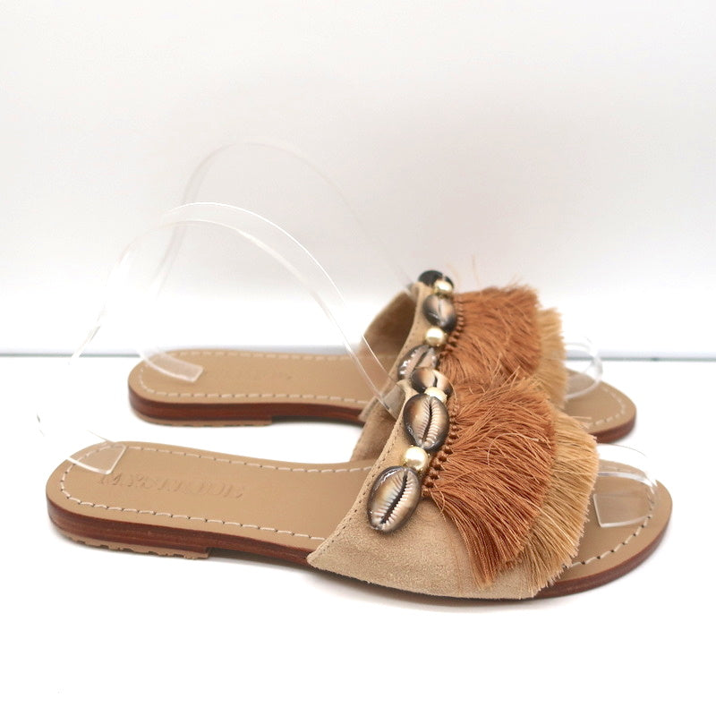 Mystique Shell-Embellished Fringed Slide Sandals Beige Suede Size 7 NEW product image 2, provided for visual reference and