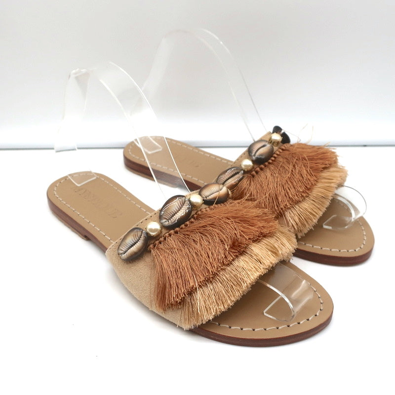 Mystique Shell-Embellished Fringed Slide Sandals Beige Suede Size 7 NEW product image 1, provided for visual reference and