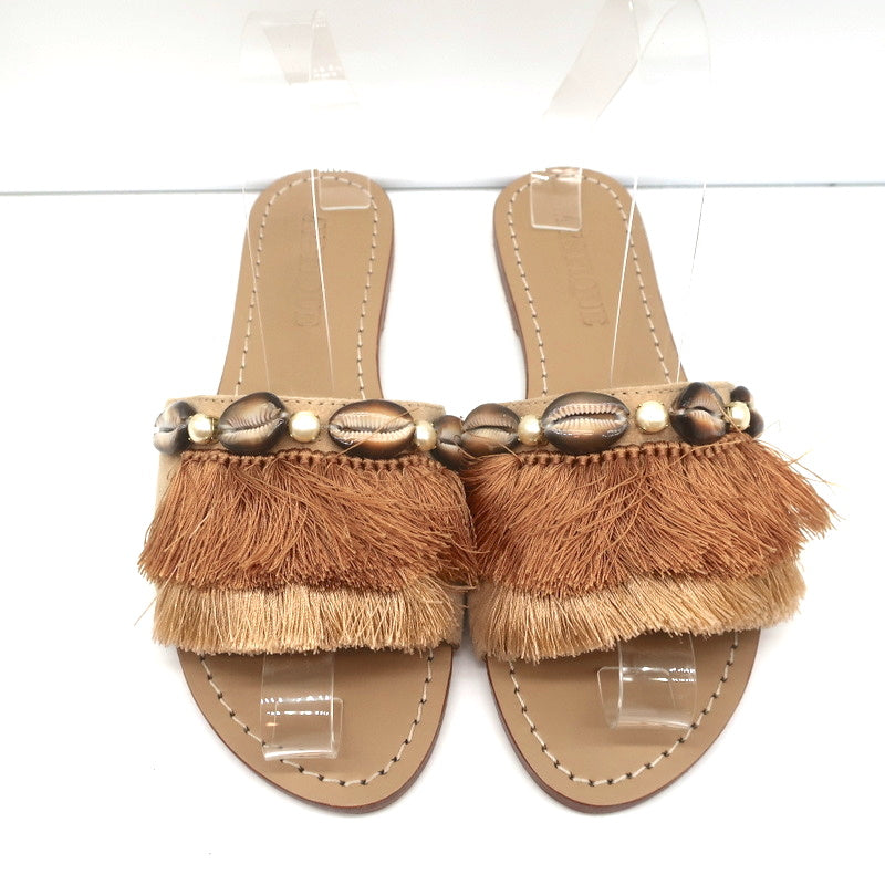 Mystique Shell-Embellished Fringed Slide Sandals Beige Suede Size 7 NEW product image 3, provided for visual reference and
