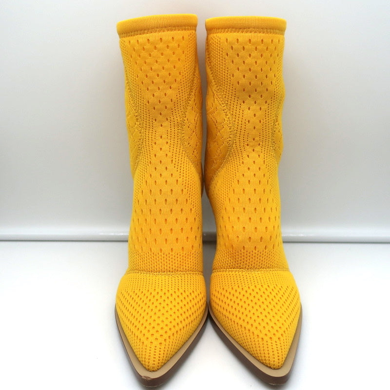 Fendi FFrame Jacquard Mesh Knit Ankle Boots Yellow Size 36 Pointed Toe Heel product image 3, provided for visual reference