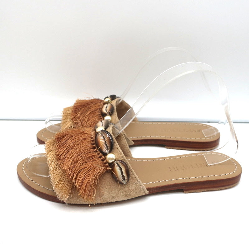 Mystique Shell-Embellished Fringed Slide Sandals Beige Suede Size 7 NEW product image 5, provided for visual reference and