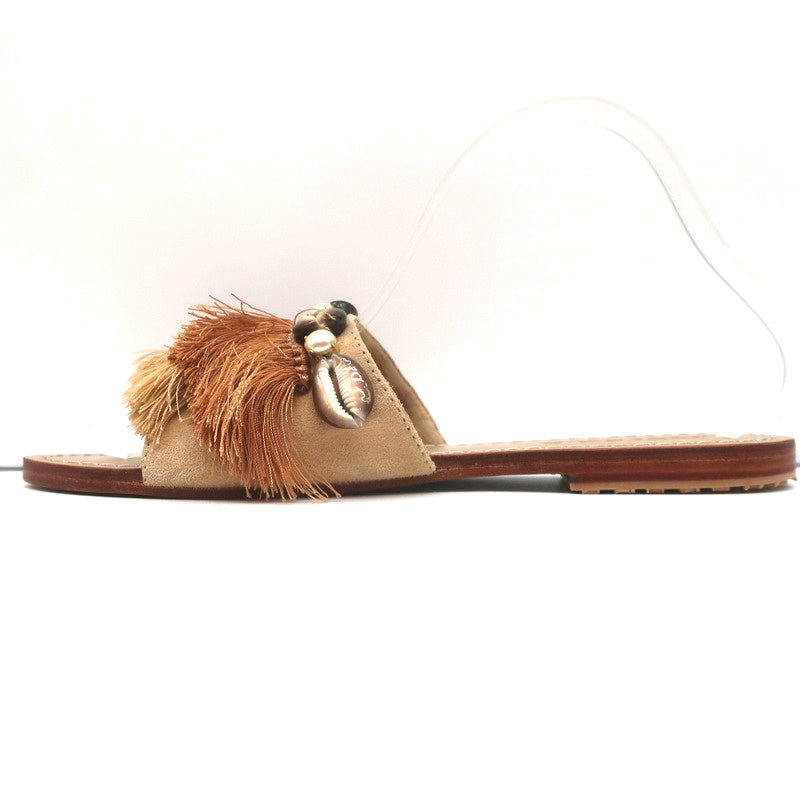 Mystique Shell-Embellished Fringed Slide Sandals Beige Suede Size 7 NEW product image 6, provided for visual reference and
