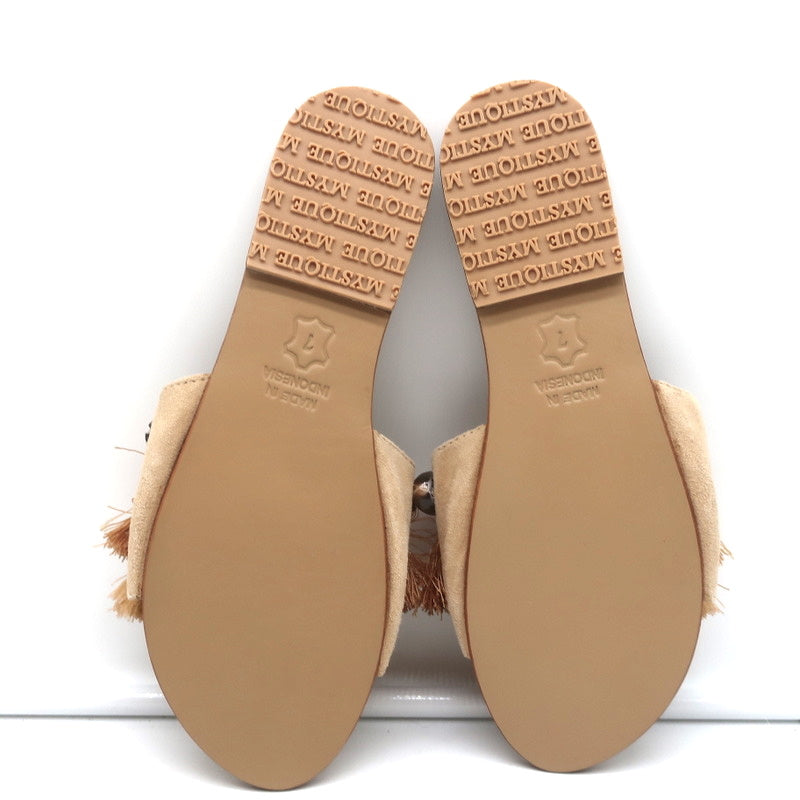 Mystique Shell-Embellished Fringed Slide Sandals Beige Suede Size 7 NEW product image 9, provided for visual reference and