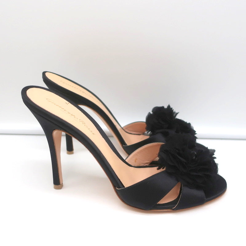 Gianvito Rossi Beaded Flower Mules Black Satin Size 39 Open Toe Heels NEW product image 3, provided for visual reference and