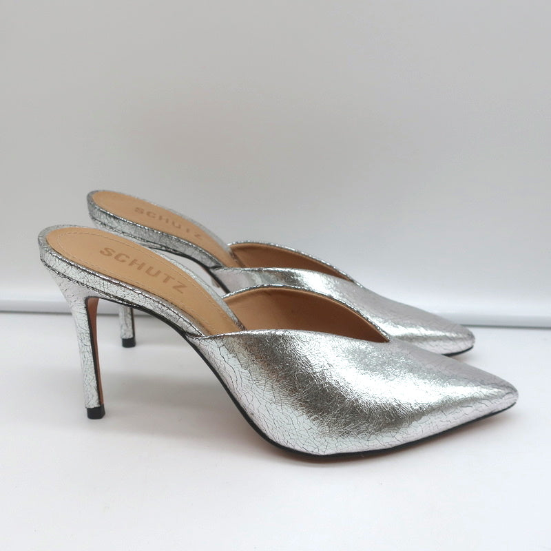 Schutz Mules Charla Silver Cracked Metallic Leather Size 6 Pointed Toe Heels product image 2, provided for visual reference