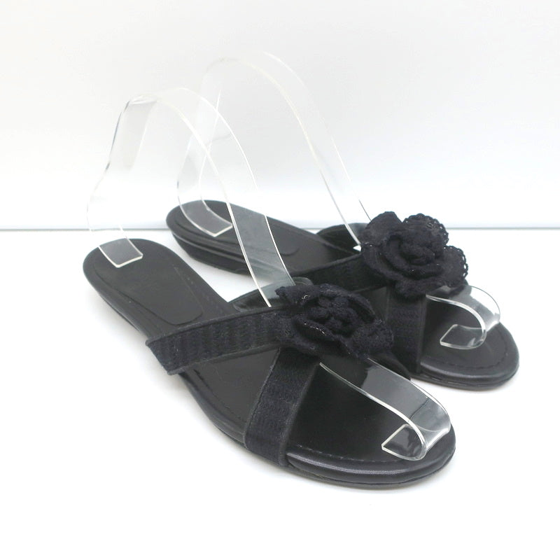 Crochet Camellia Crisscross Slide Sandals Black Size 37.5 product image 1, provided for visual reference and product detail