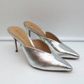 Schutz Mules Charla Silver Cracked Metallic Leather Size 6 Pointed Toe Heels product image 1, provided for visual reference