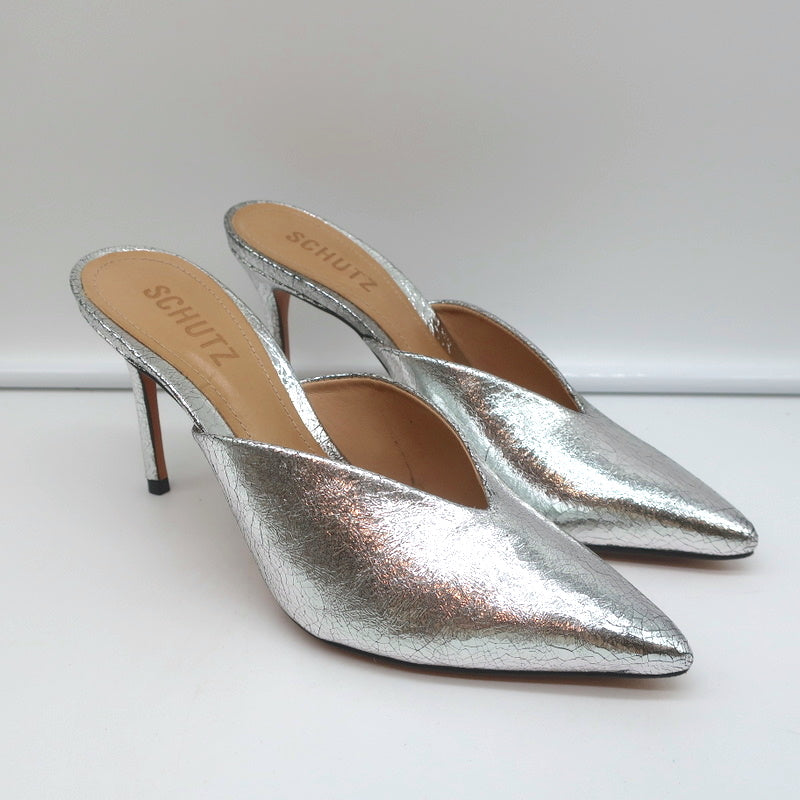 Schutz Mules Charla Silver Cracked Metallic Leather Size 6 Pointed Toe Heels product image 1, provided for visual reference