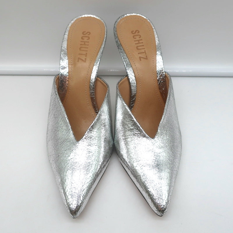 Schutz Mules Charla Silver Cracked Metallic Leather Size 6 Pointed Toe Heels product image 3, provided for visual reference