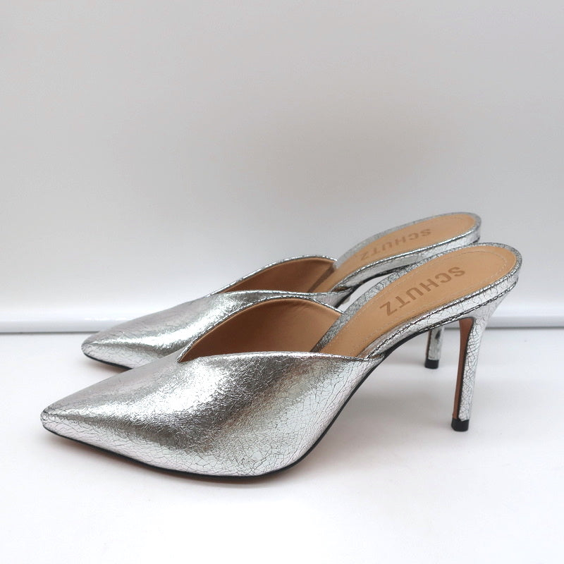 Schutz Mules Charla Silver Cracked Metallic Leather Size 6 Pointed Toe Heels product image 5, provided for visual reference