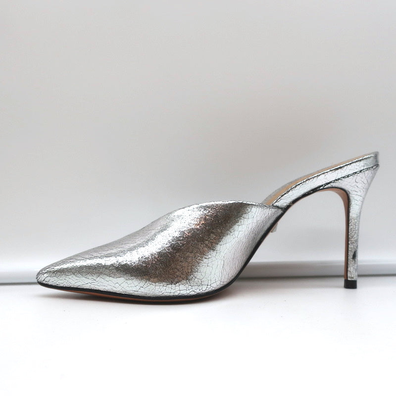Schutz Mules Charla Silver Cracked Metallic Leather Size 6 Pointed Toe Heels product image 6, provided for visual reference
