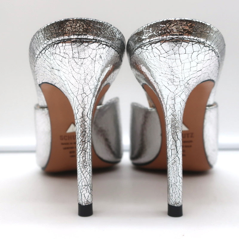 Schutz Mules Charla Silver Cracked Metallic Leather Size 6 Pointed Toe Heels product image 8, provided for visual reference