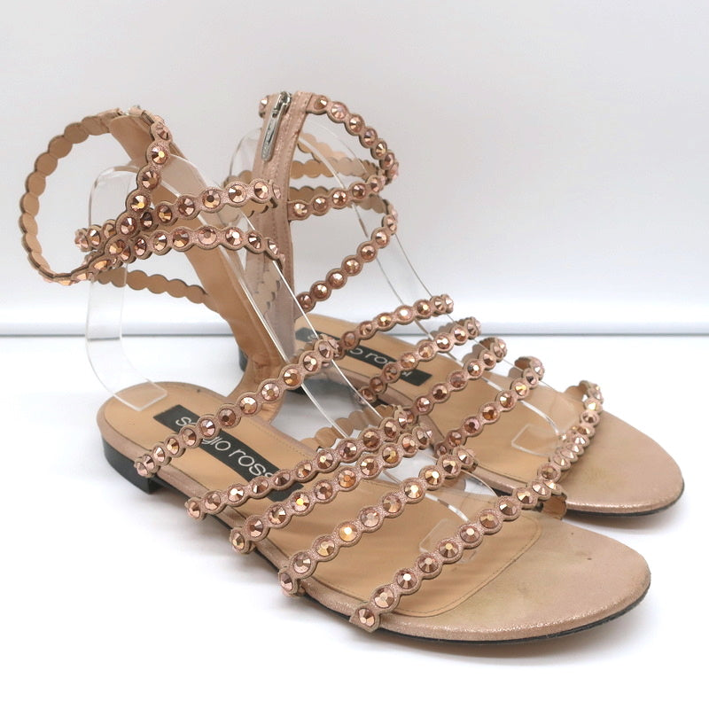 Sergio Rossi Crystal-Embellished Flat Sandals Kimberly Rose Gold Suede Size 39 product image 1, provided for visual