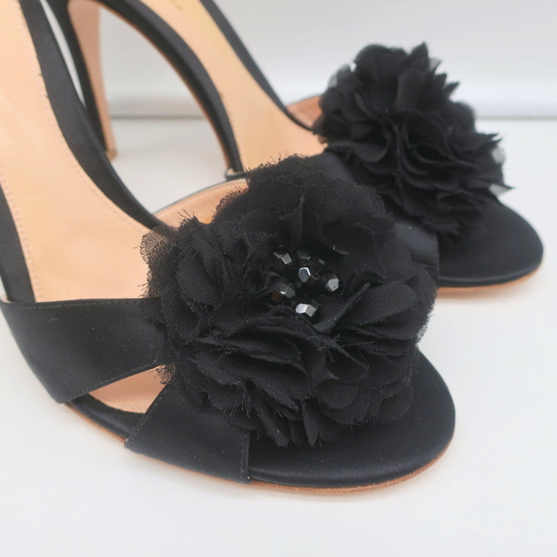 Gianvito Rossi Beaded Flower Mules Black Satin Size 39 Open Toe Heels NEW product image 2, provided for visual reference and