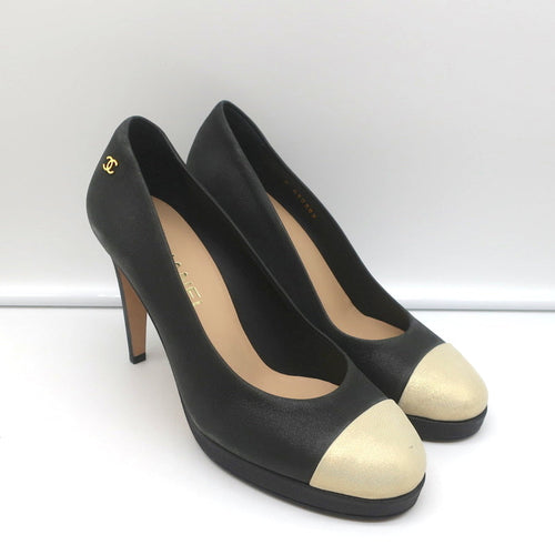 15C Metallic Cap Toe Platform Pumps Black/Gold Buffalo Leather Size 38 product image 1, provided for visual reference and
