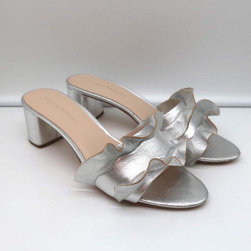 Loeffler Randall Vera Ruffle Slide Sandals Silver Metallic Leather Size 9 product image 1, provided for visual reference and