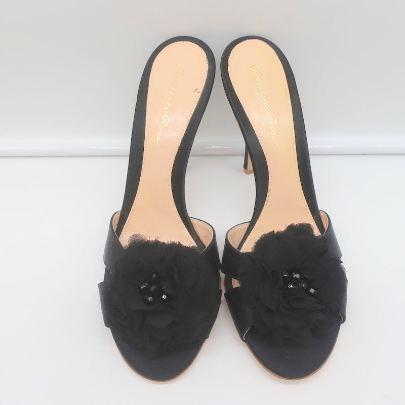 Gianvito Rossi Beaded Flower Mules Black Satin Size 39 Open Toe Heels NEW product image 4, provided for visual reference and