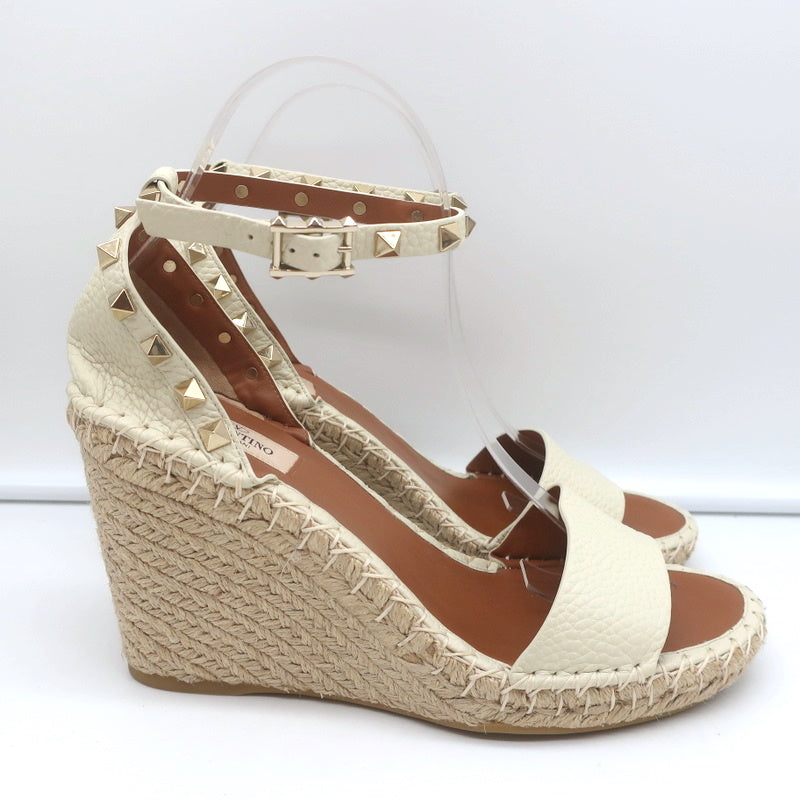 Valentino Rockstud Espadrille Wedge Sandals Cream Grained Leather Size 40 product image 2, provided for visual reference and