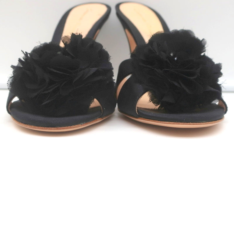 Gianvito Rossi Beaded Flower Mules Black Satin Size 39 Open Toe Heels NEW product image 5, provided for visual reference and
