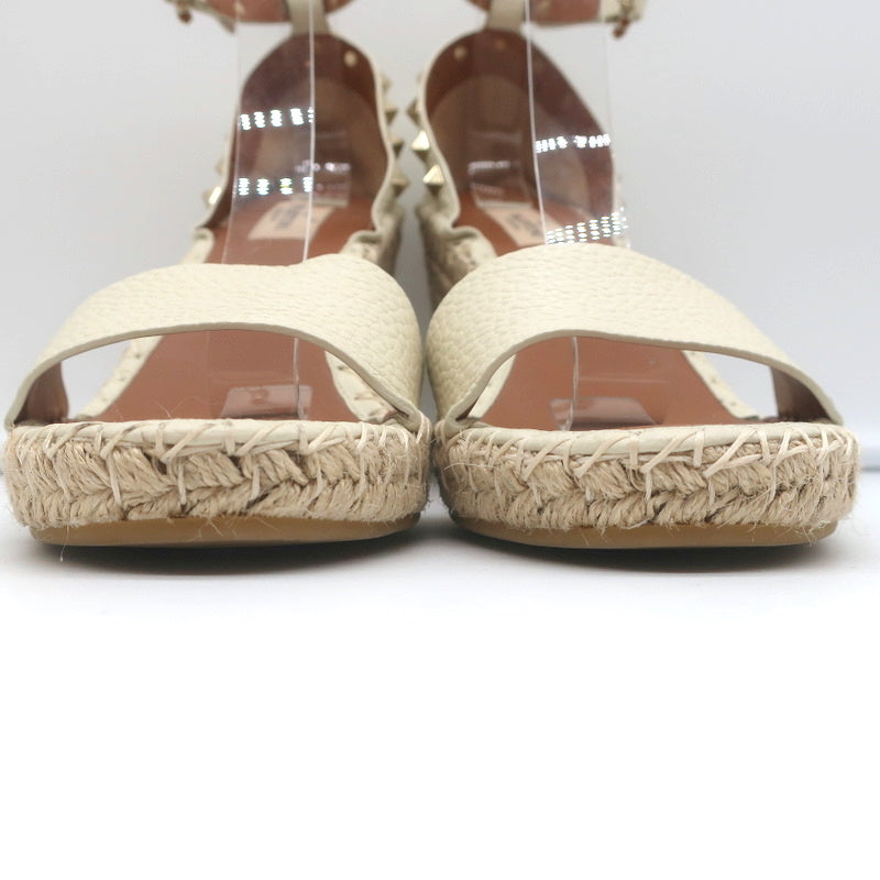 Valentino Rockstud Espadrille Wedge Sandals Cream Grained Leather Size 40 product image 4, provided for visual reference and