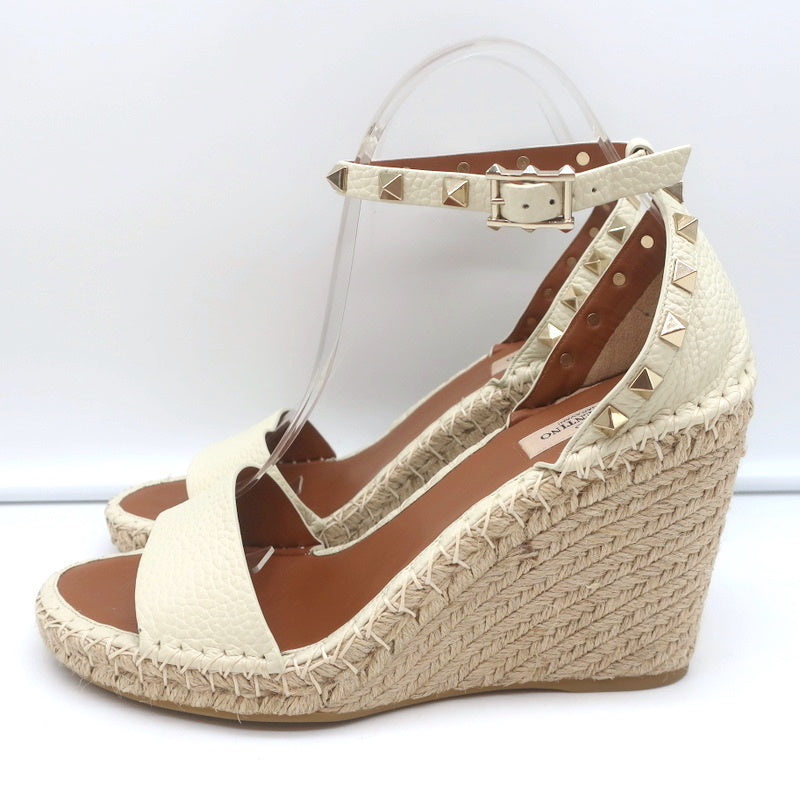 Valentino Rockstud Espadrille Wedge Sandals Cream Grained Leather Size 40 product image 5, provided for visual reference and