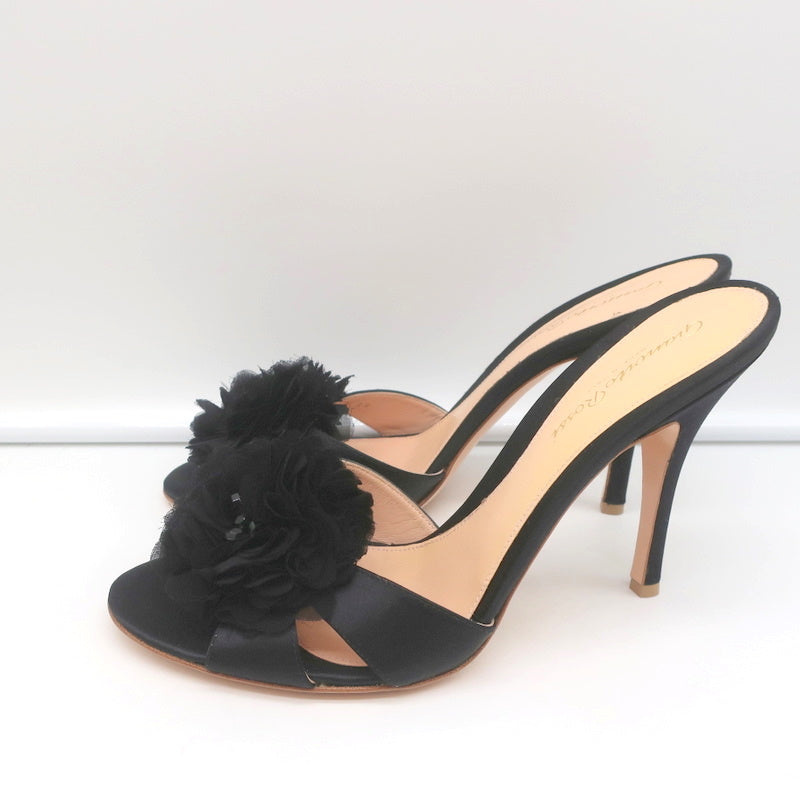 Gianvito Rossi Beaded Flower Mules Black Satin Size 39 Open Toe Heels NEW product image 6, provided for visual reference and