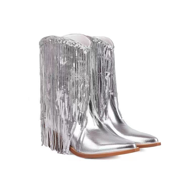 New Fashion Pointed tassel sequins short boots product image 9, provided for visual reference and product detail review