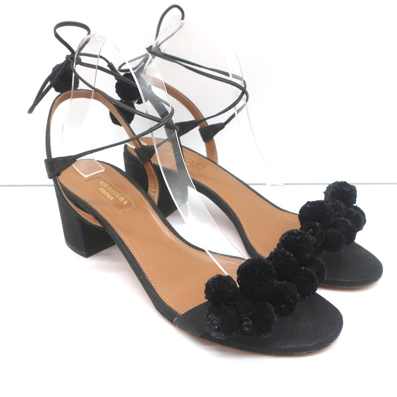 Aquazzura Pom Pom Ankle Tie Sandals Black Raffia Size 39 Open Toe Mid-Heel product image 1, provided for visual reference