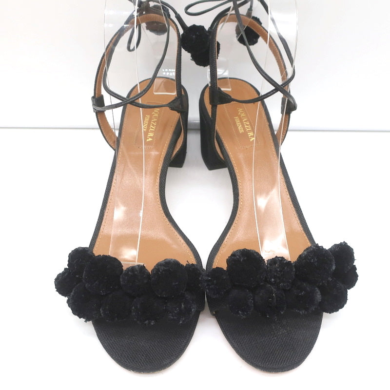 Aquazzura Pom Pom Ankle Tie Sandals Black Raffia Size 39 Open Toe Mid-Heel product image 3, provided for visual reference