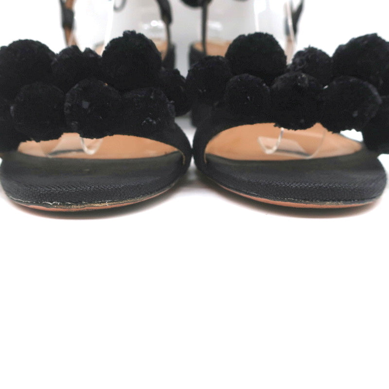 Aquazzura Pom Pom Ankle Tie Sandals Black Raffia Size 39 Open Toe Mid-Heel product image 4, provided for visual reference