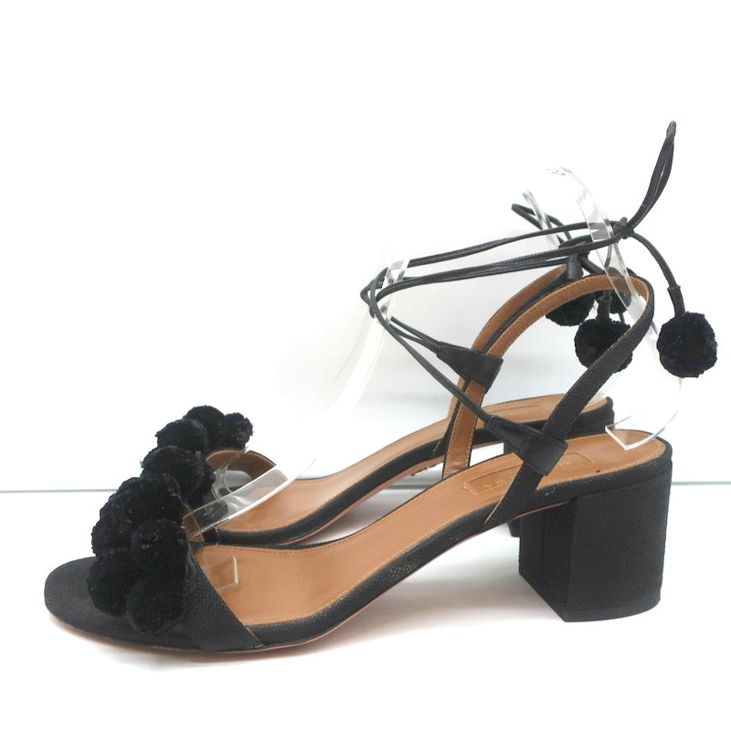 Aquazzura Pom Pom Ankle Tie Sandals Black Raffia Size 39 Open Toe Mid-Heel product image 5, provided for visual reference