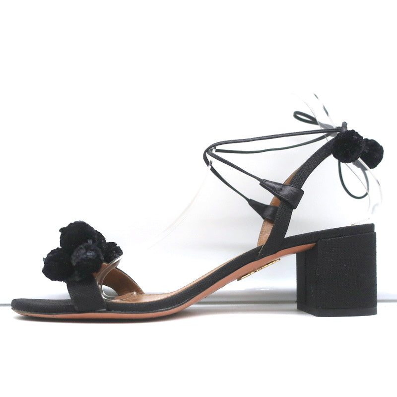 Aquazzura Pom Pom Ankle Tie Sandals Black Raffia Size 39 Open Toe Mid-Heel product image 6, provided for visual reference