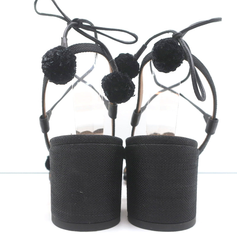 Aquazzura Pom Pom Ankle Tie Sandals Black Raffia Size 39 Open Toe Mid-Heel product image 7, provided for visual reference