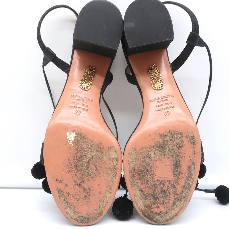 Aquazzura Pom Pom Ankle Tie Sandals Black Raffia Size 39 Open Toe Mid-Heel product image 8, provided for visual reference
