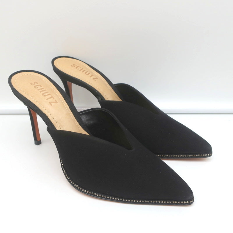 Schutz Crystal-Trim Mules Heliconia Black Suede Size 6 Pointed Toe Heels product image 1, provided for visual reference and