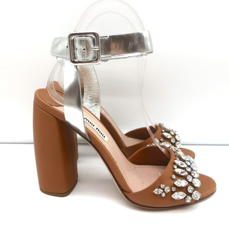 Crystal-Embellished Two Tone Sandals Brown & Silver Leather Size 36 product image 2, provided for visual reference and
