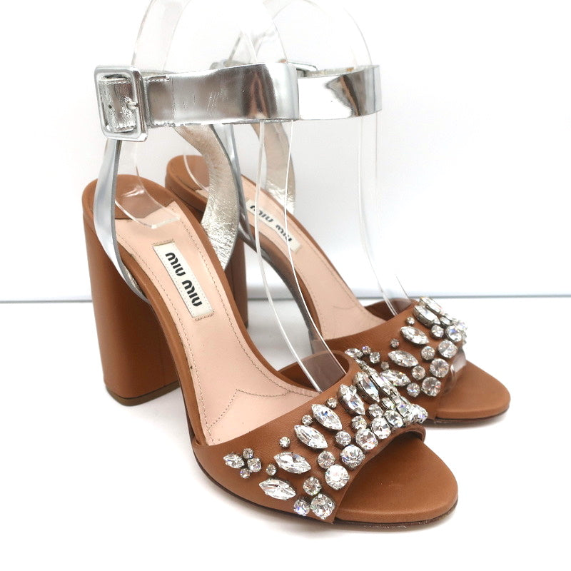 Crystal-Embellished Two Tone Sandals Brown & Silver Leather Size 36 product image 1, provided for visual reference and