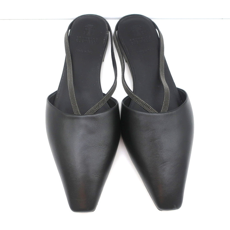 Brunello Cucinelli Monili-Embellished Mules Black Leather Size 39 Slip-On Flats product image 3, provided for visual
