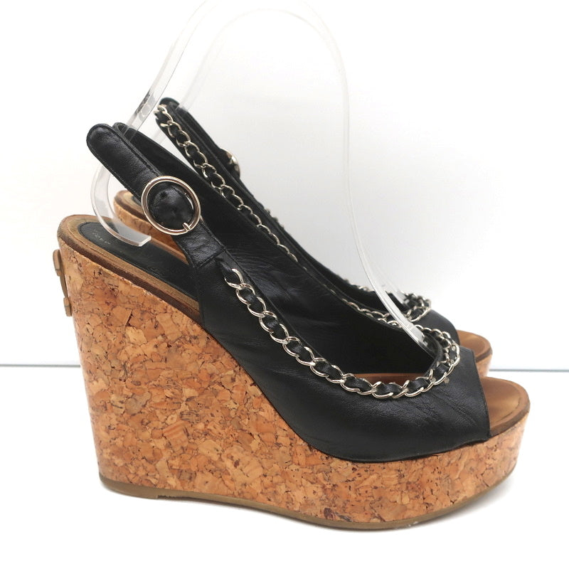 Chain-Trim Slingback Cork Platform Wedge Sandals Black Leather Size 37.5 product image 2, provided for visual reference and