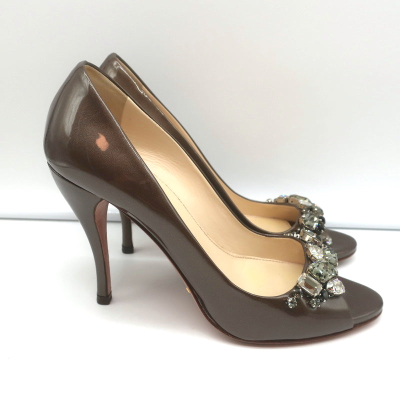Prada Crystal-Embellished Peep Toe Pumps Brown Metallic Patent Leather Size 36.5 product image 3, provided for visual