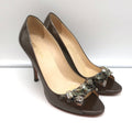 Prada Crystal-Embellished Peep Toe Pumps Brown Metallic Patent Leather Size 36.5 product image 1, provided for visual