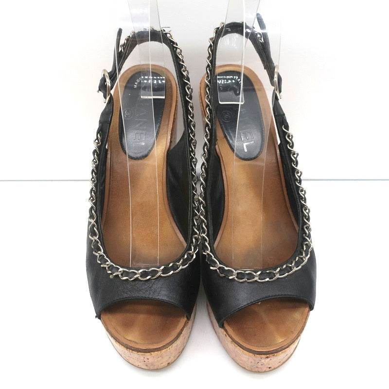 Chain-Trim Slingback Cork Platform Wedge Sandals Black Leather Size 37.5 product image 3, provided for visual reference and
