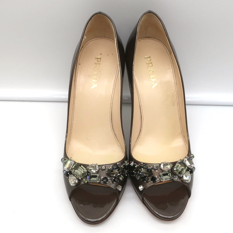 Prada Crystal-Embellished Peep Toe Pumps Brown Metallic Patent Leather Size 36.5 product image 4, provided for visual