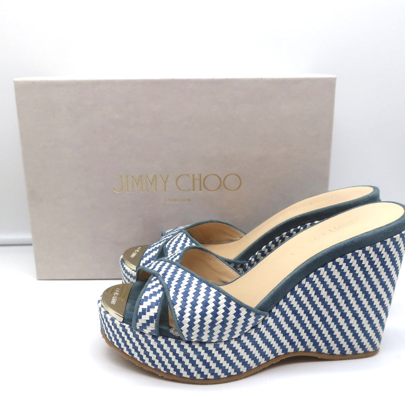 Jimmy Choo Perfume Crisscross Platform Wedge Sandals Blue Woven Raffia Size 37 product image 1, provided for visual