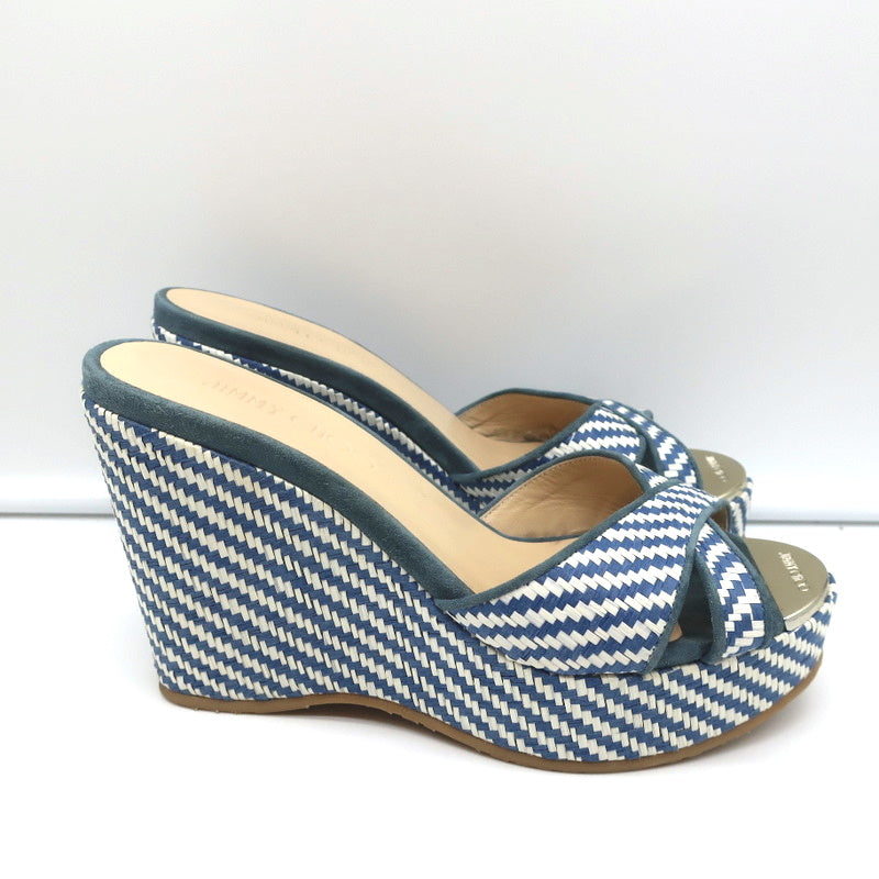 Jimmy Choo Perfume Crisscross Platform Wedge Sandals Blue Woven Raffia Size 37 product image 3, provided for visual