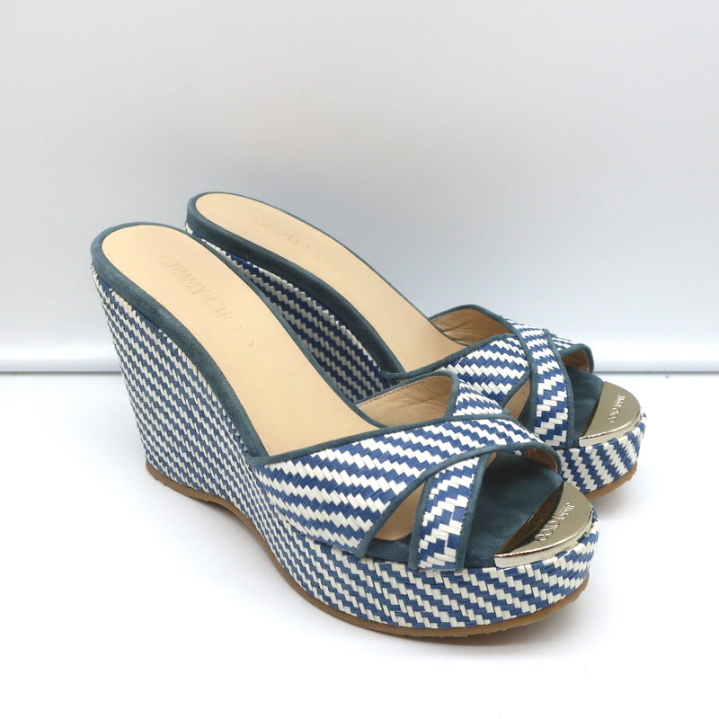 Jimmy Choo Perfume Crisscross Platform Wedge Sandals Blue Woven Raffia Size 37 product image 2, provided for visual