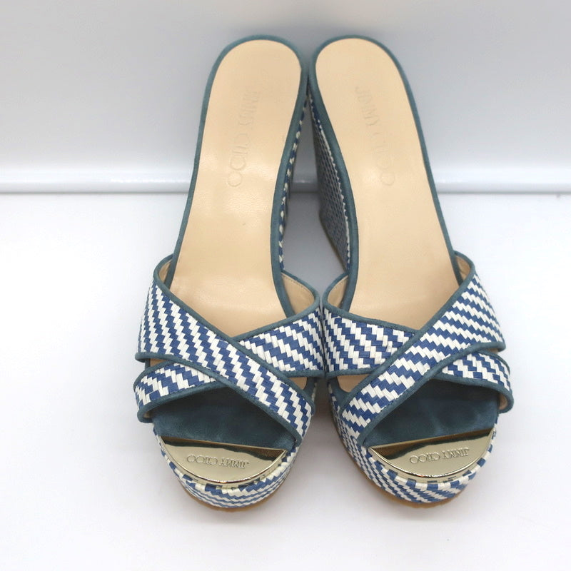 Jimmy Choo Perfume Crisscross Platform Wedge Sandals Blue Woven Raffia Size 37 product image 4, provided for visual