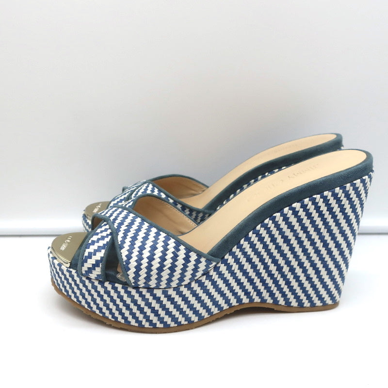 Jimmy Choo Perfume Crisscross Platform Wedge Sandals Blue Woven Raffia Size 37 product image 6, provided for visual