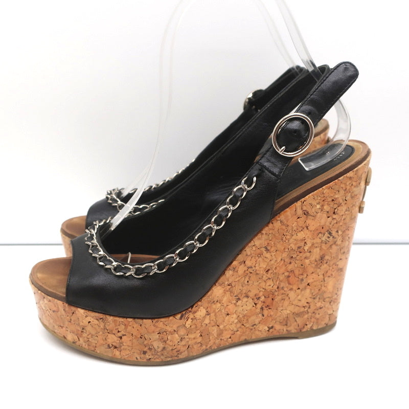 Chain-Trim Slingback Cork Platform Wedge Sandals Black Leather Size 37.5 product image 5, provided for visual reference and