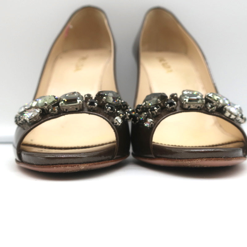 Prada Crystal-Embellished Peep Toe Pumps Brown Metallic Patent Leather Size 36.5 product image 5, provided for visual